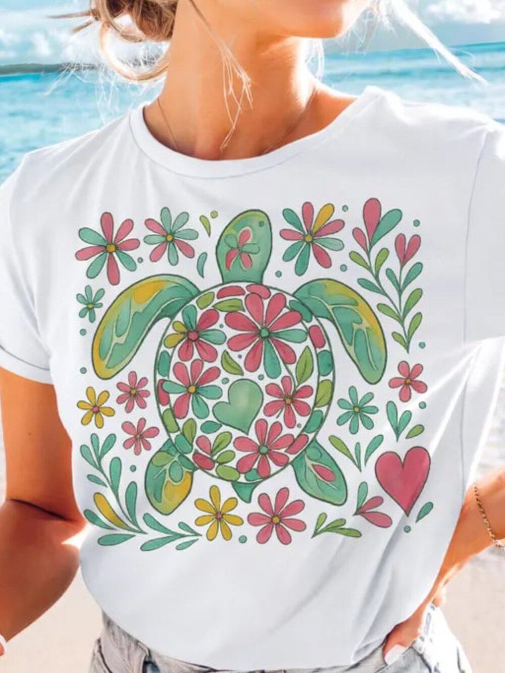 Floral Sea Turtle Summer Shirt, Beach Tee, Summer Shirt
